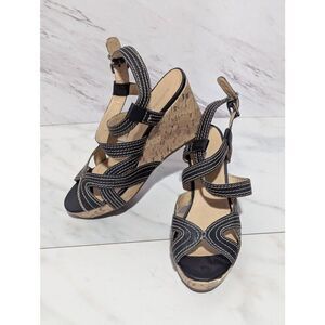 Kelly & Katie Women's Black Leather & White Stitch Cork Wedge Sandals Size 8.5